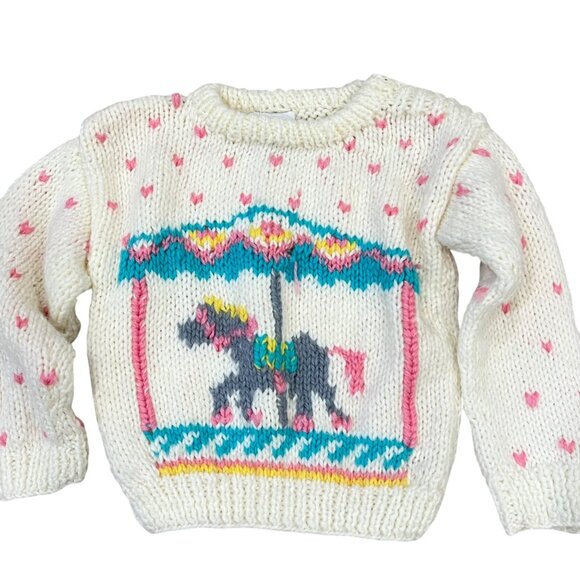 Vintage Mine Alone Carousel Horse & Hearts Knit Sweater 24 months - Picture 1 of 5